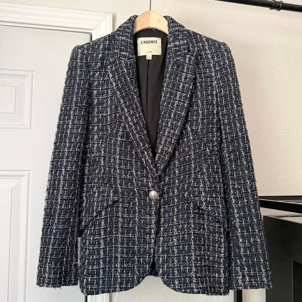 L'AGENCE Navy and White Tweed Blazer